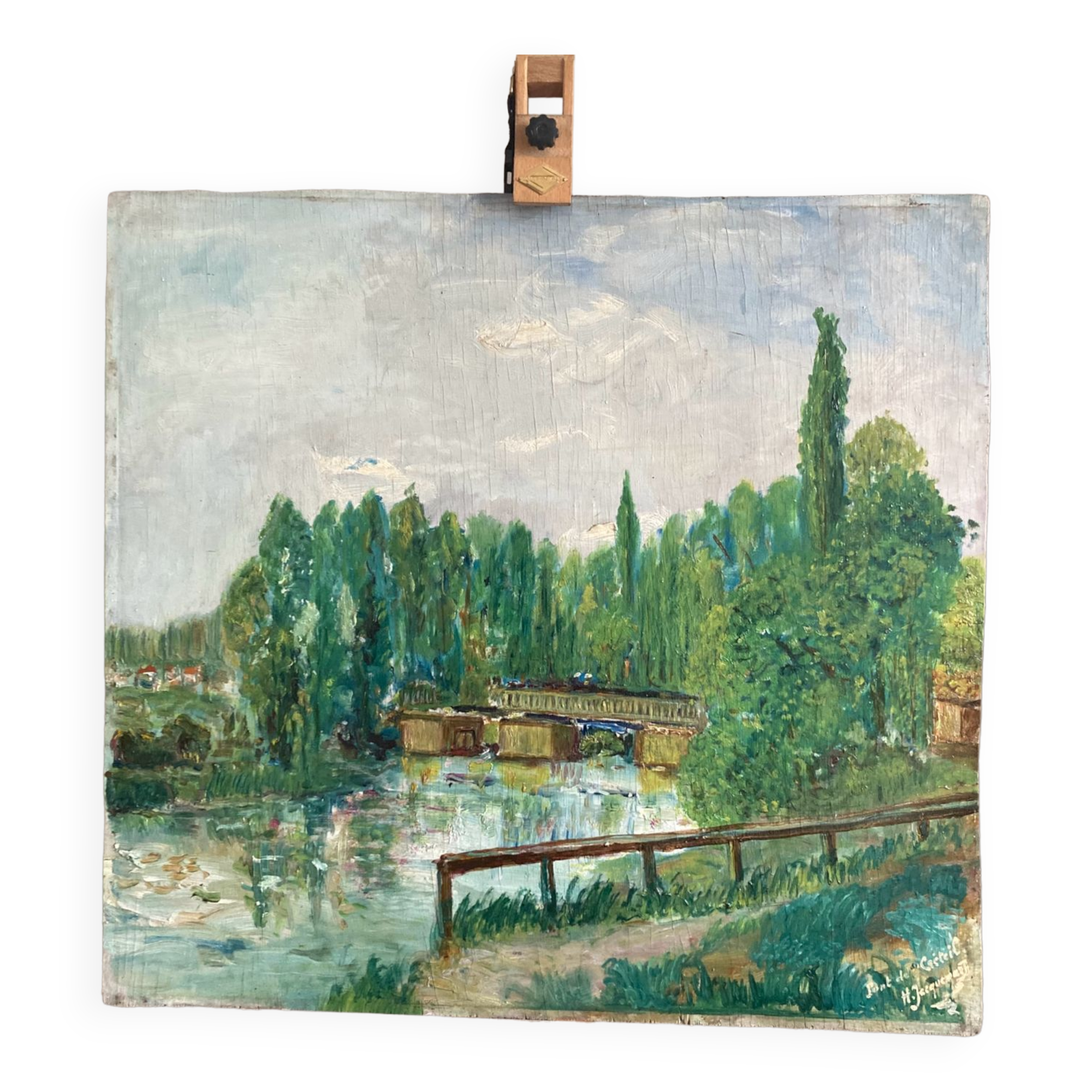 Oil painting on panel The bridge of Créteil signed H.Jaquemart nineteenth century