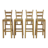 Vintage Barstools in Oak and Rattan, 1970s, set of 4