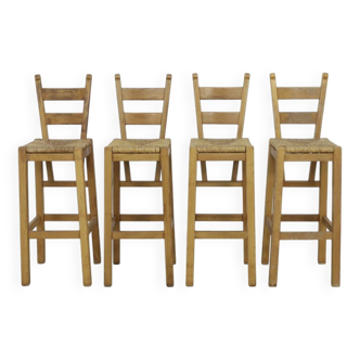 Vintage Barstools in Oak and Rattan, 1970s, set of 4