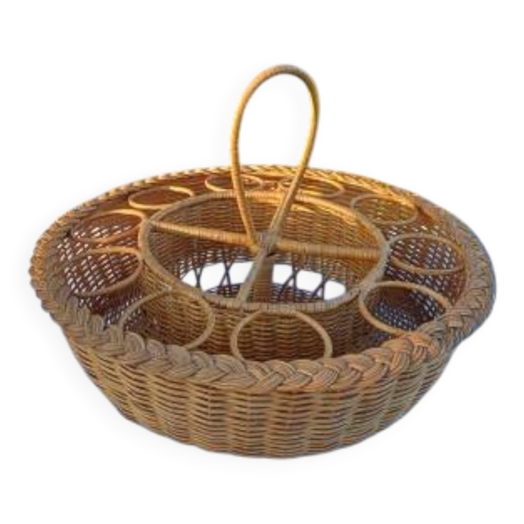 Panier vintage porte bouteilles et verres osier