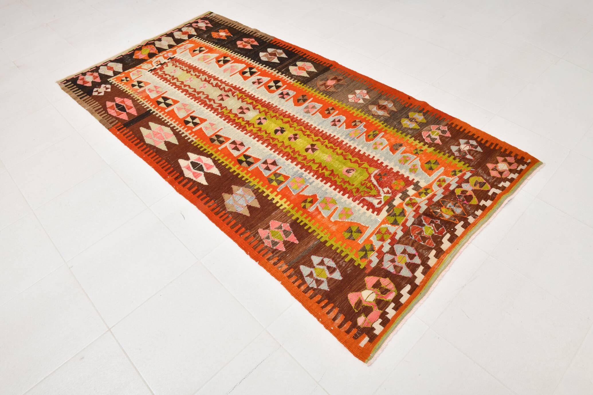 4x8 Multicolor Geometric Style Kilim Rug, 129x255 Antique Decor