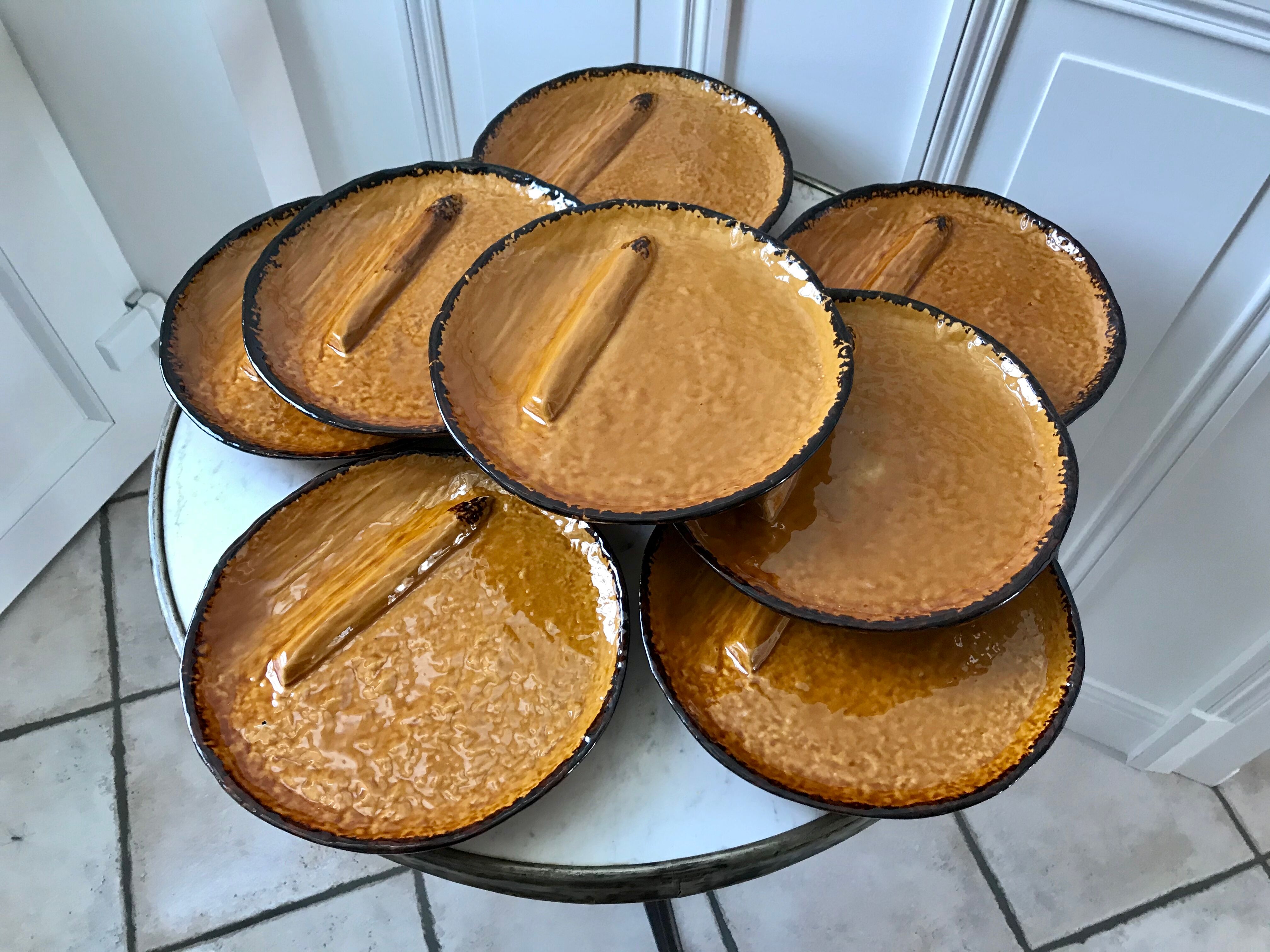 Set of 8 ceramic asparagus plates from Poët Laval 60s-70s