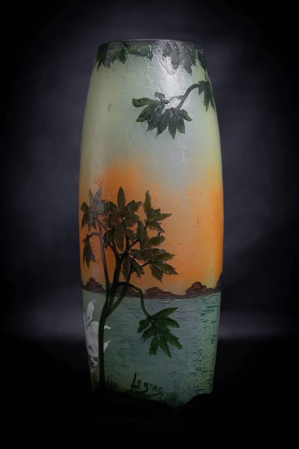 Large Legras Art Nouveau vase in acid-etched glass | Swan Lake