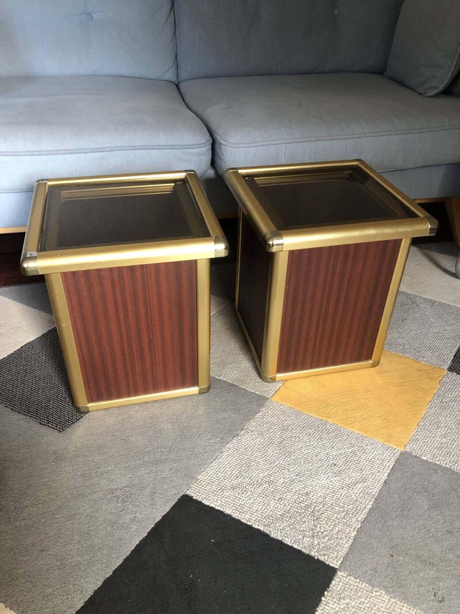 Set of 2 Italian design Hollywood Regency brass and mini bar coffee tables.