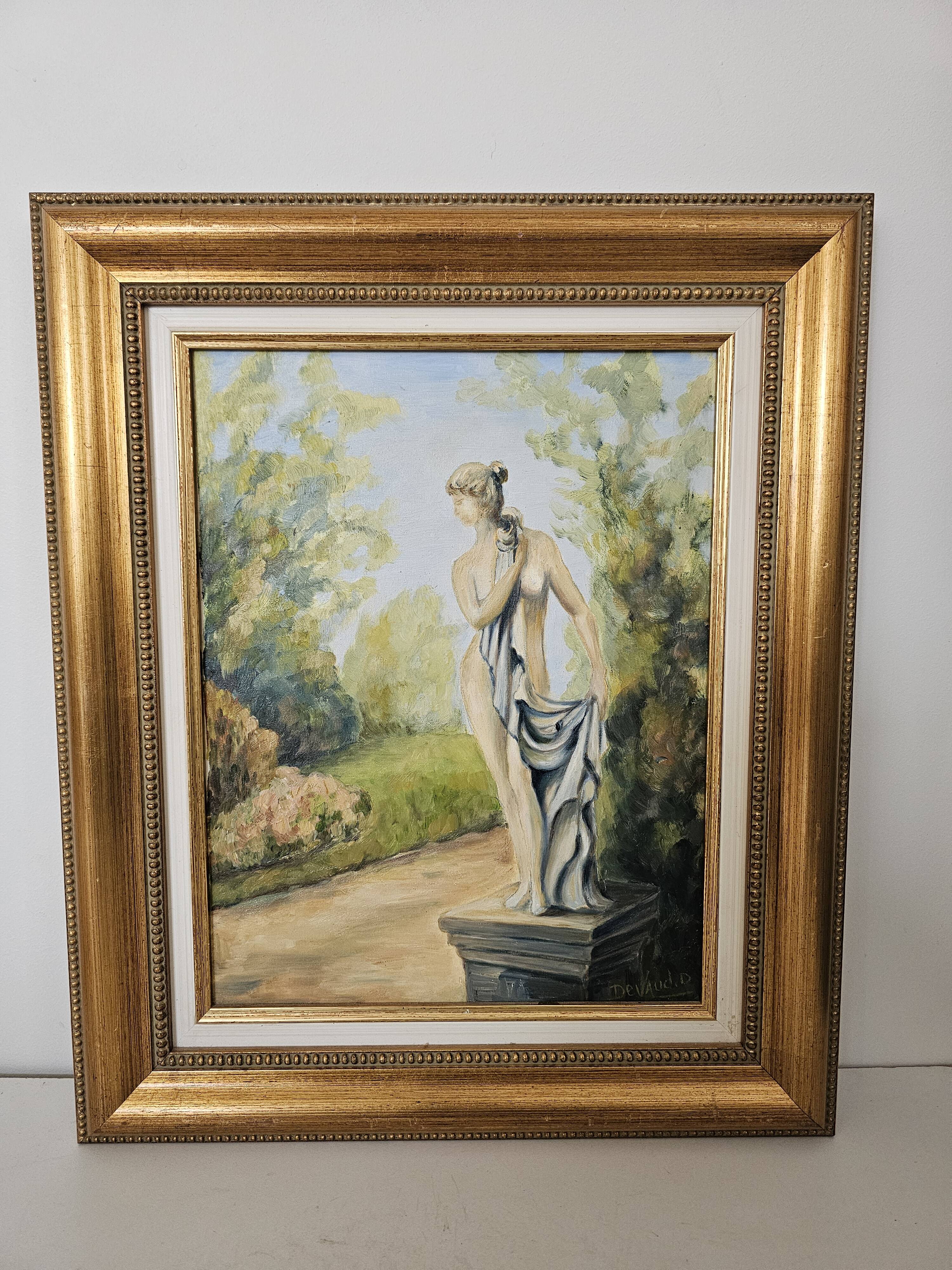 Oil on Canvas - Statue in a Park Signed Devaud