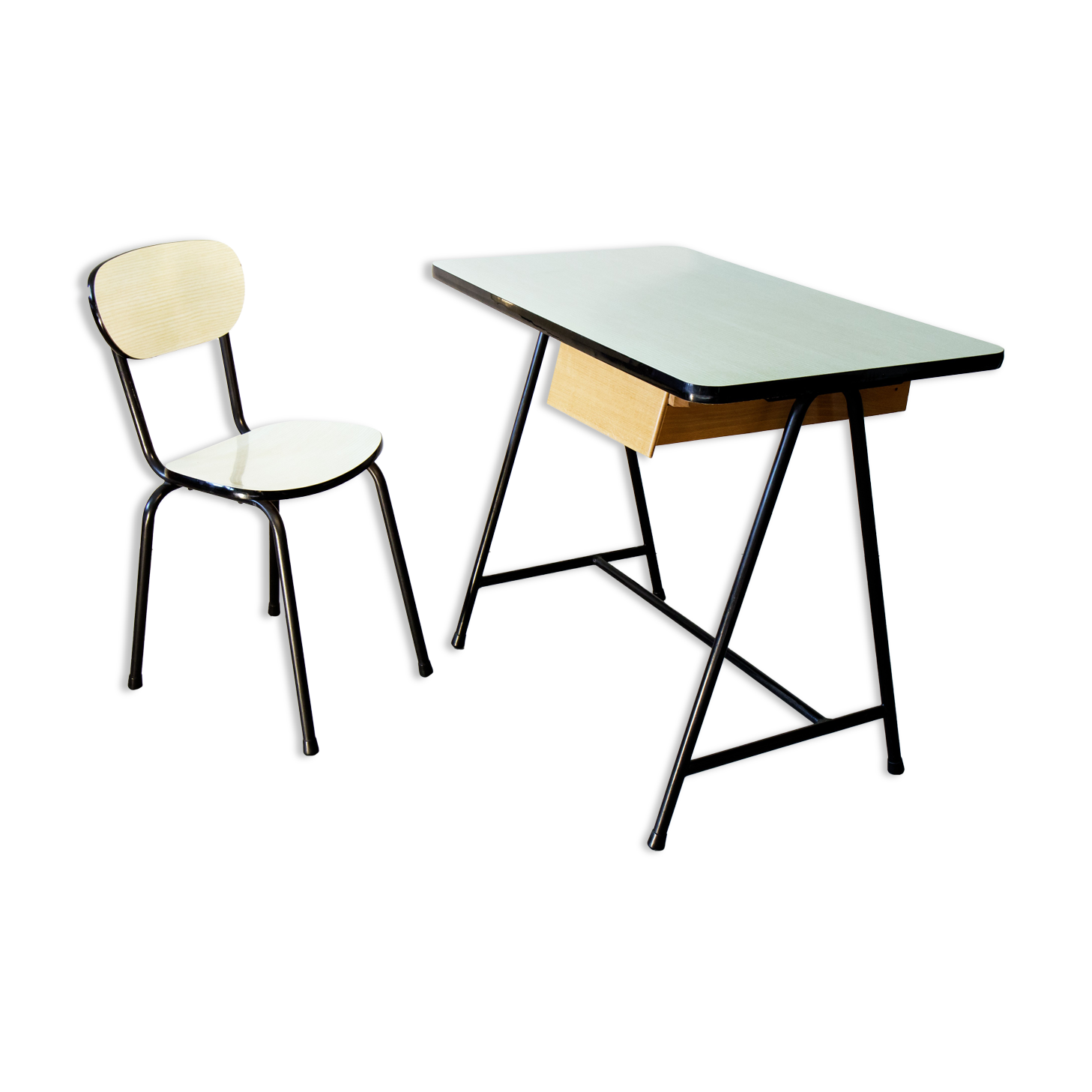 Children's desk and its chair 60s, formica, wood and steel