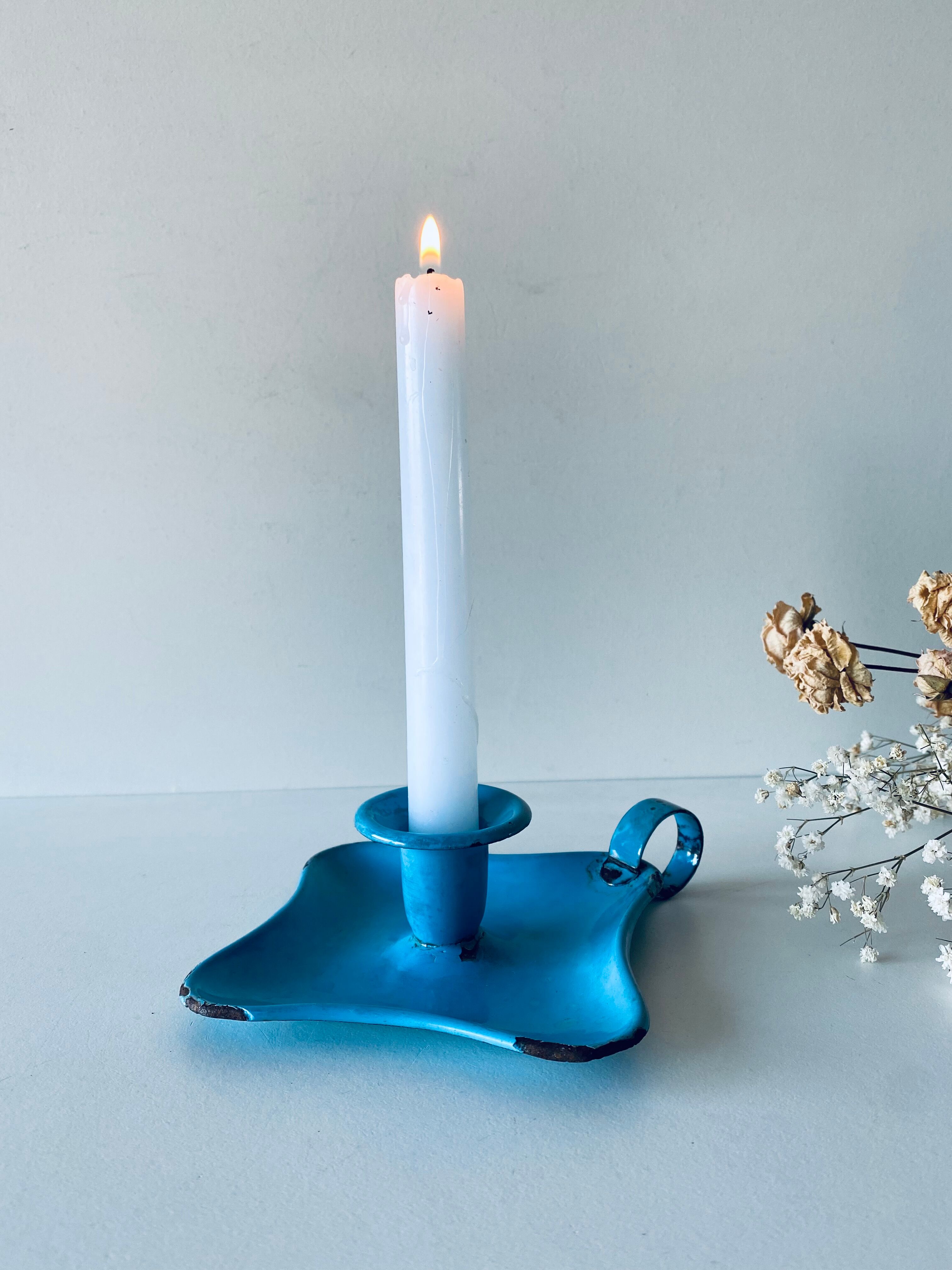 Old sky blue enamelled candle holder