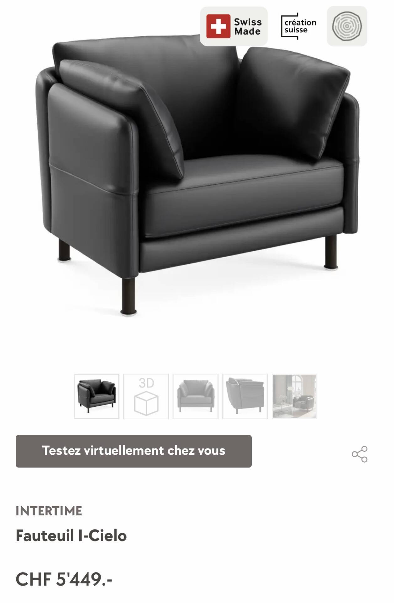 Fauteuil design contemporain Intertime I-Cielo en cuir noir