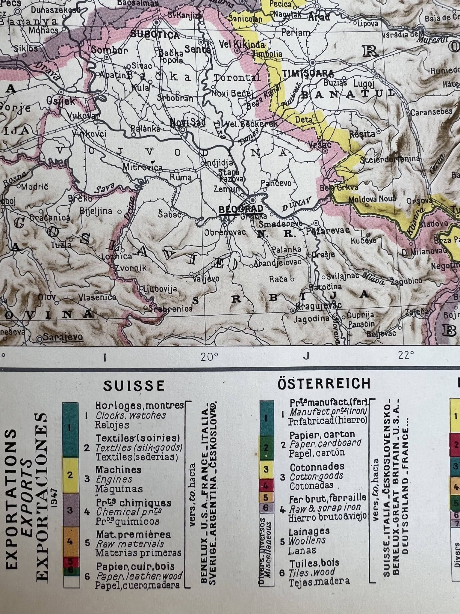 Carte ancienne Europe Centrale — Flux commerciaux 1947 | Suisse, Autri