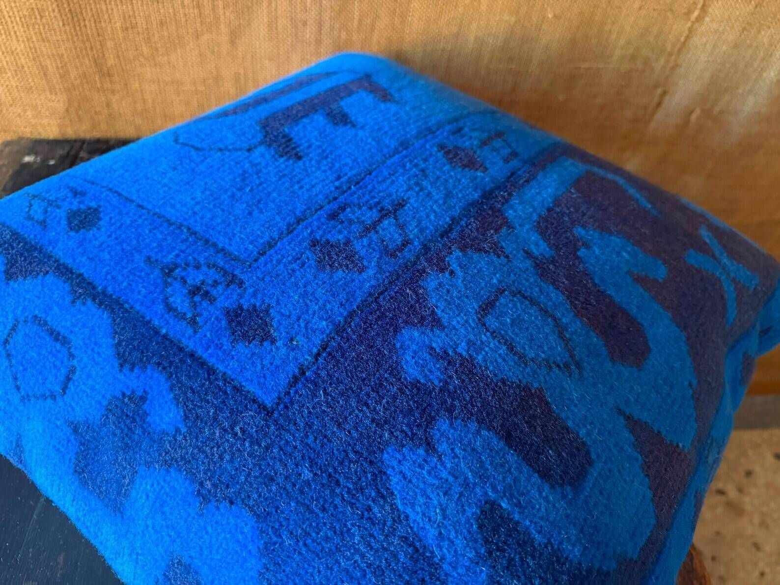 Vessel Motif Rug Cushion, Cobalt Navy Wool, Tribal Kilim Decor 20x20