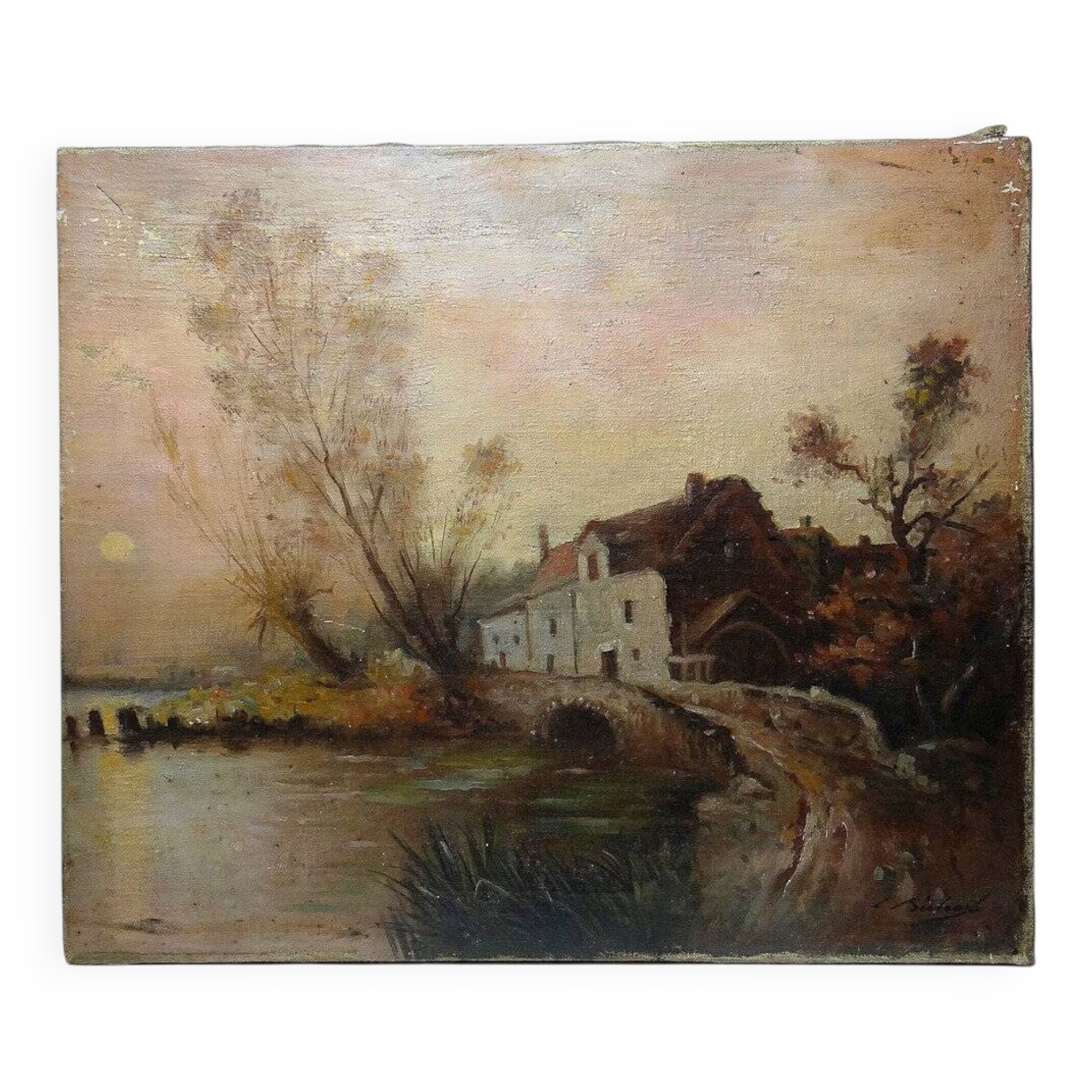 Large painting farm on pond old 19th century signature oil on linen canvas