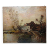 Large painting farm on pond old 19th century signature oil on linen canvas
