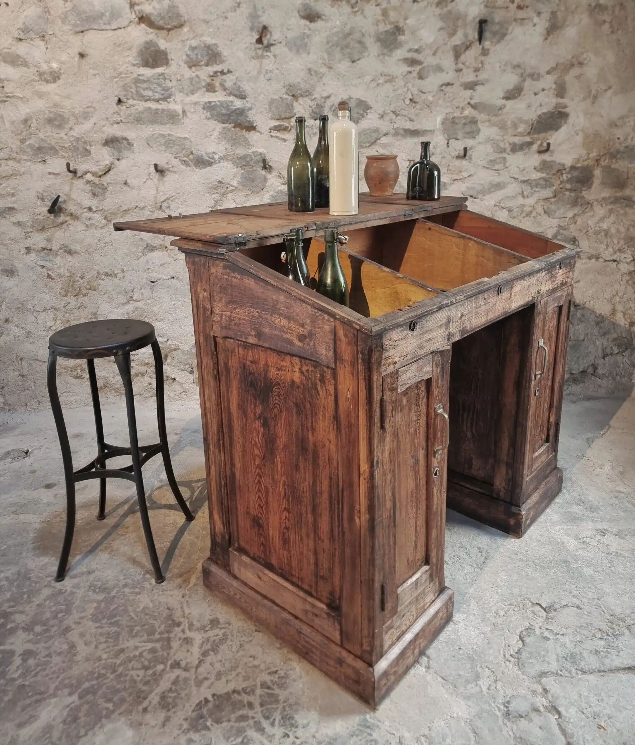 Antique French pine desk – 1880, bar/counter unit with drop-leaf compartments – 65×120×106 cm
