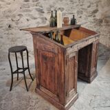 Bureau ancien en pin français – 1880, meuble bar / comptoir avec compartiments à abattants – 65×120×106 cm