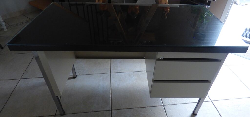 Industrial metal desk from the 70s with three drawers and glass top