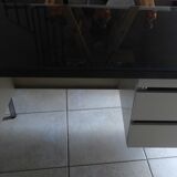 Industrial metal desk from the 70s with three drawers and glass top