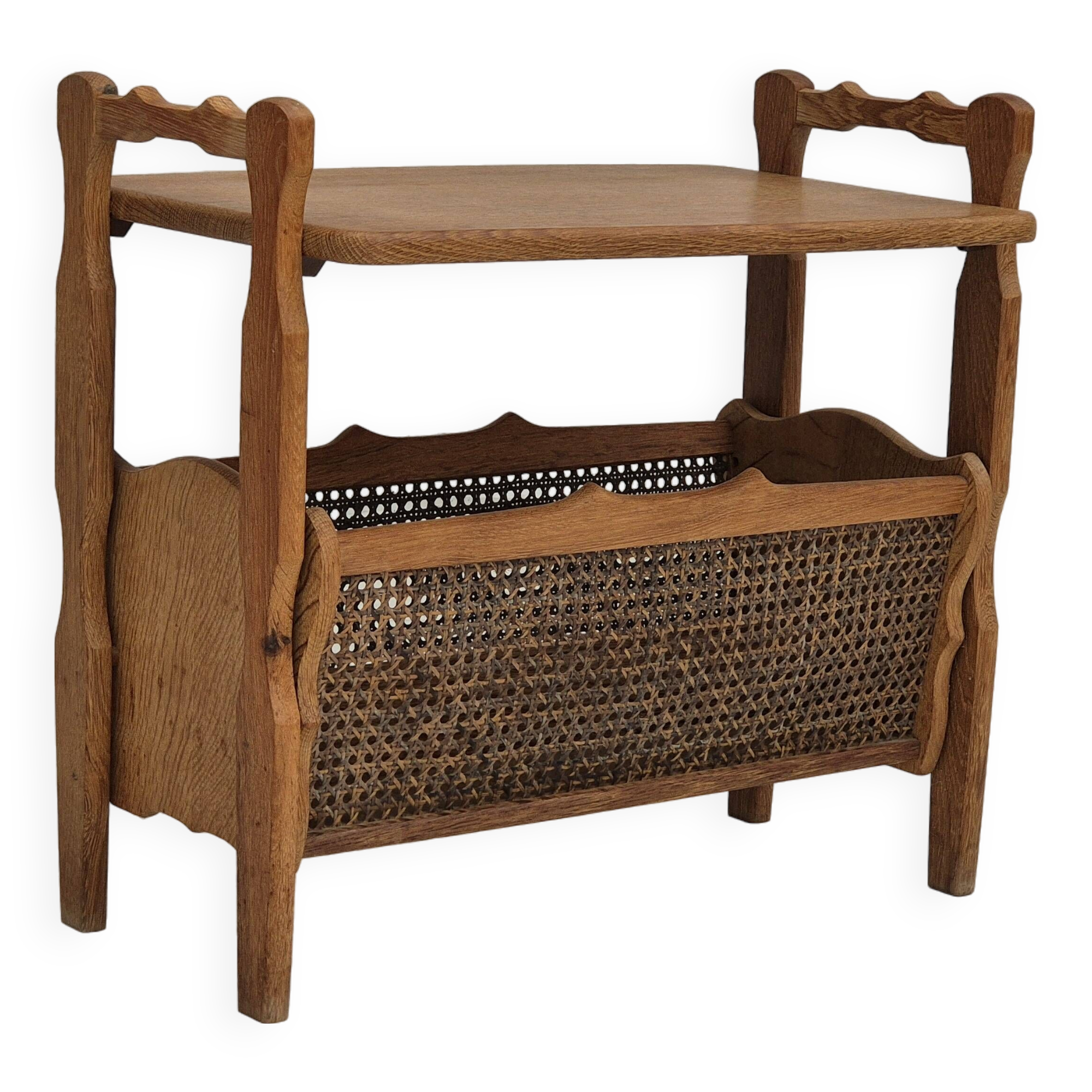 1970s, Danish newspaper side table. Solid oak wood, furniture mesh.