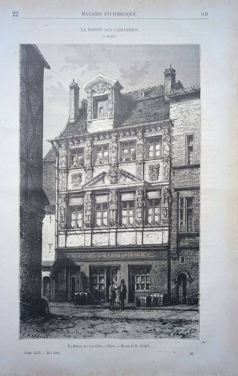 Gravure Vintage Dijon, la maison des Cariatides. 1881