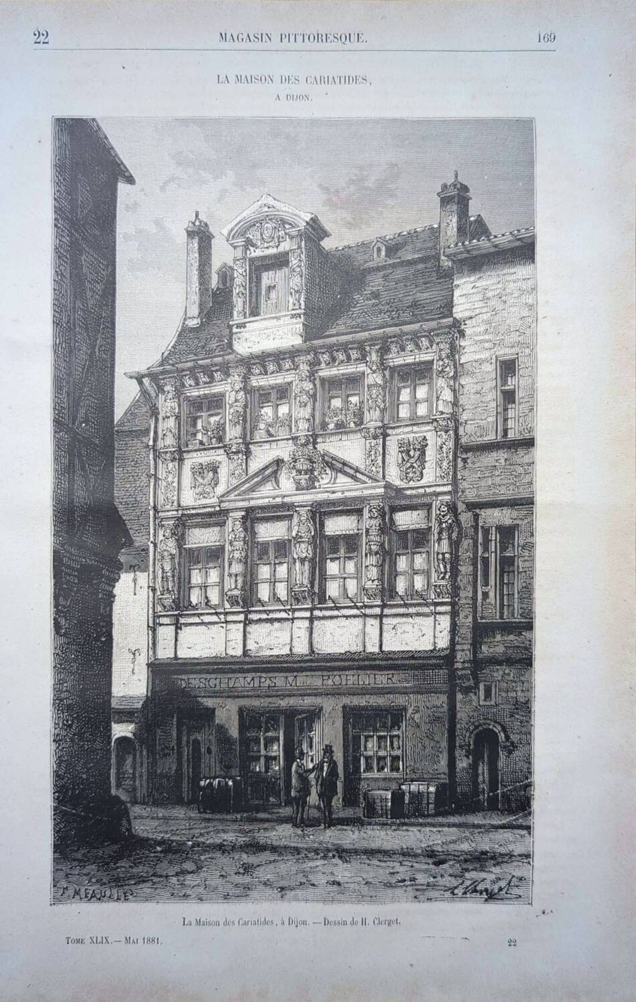 Vintage Engraving Dijon, the House of the Caryatids. 1881