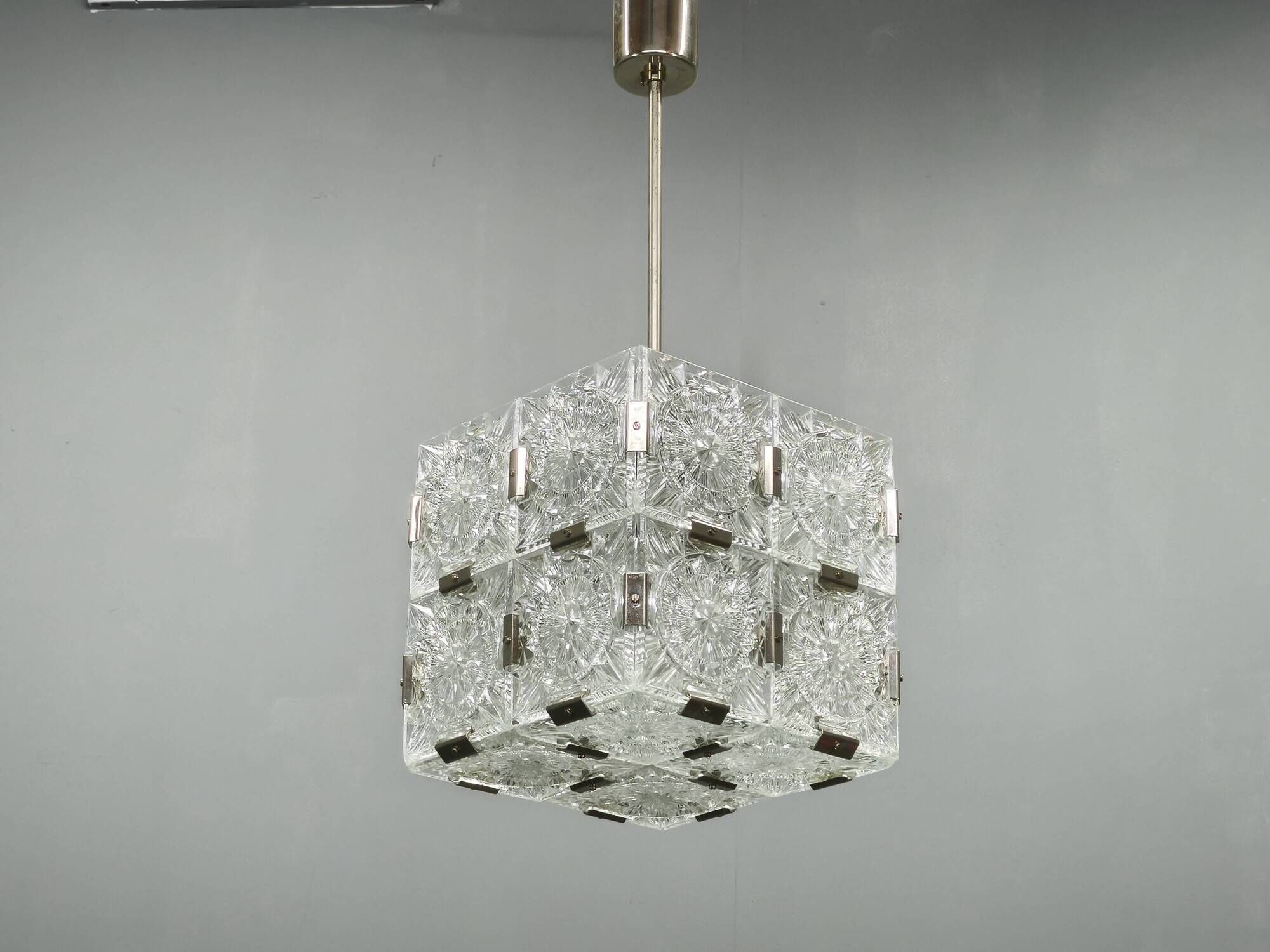 1970s Kamenicky Senov Czech Crystal Glass and Chrome Pendant Light