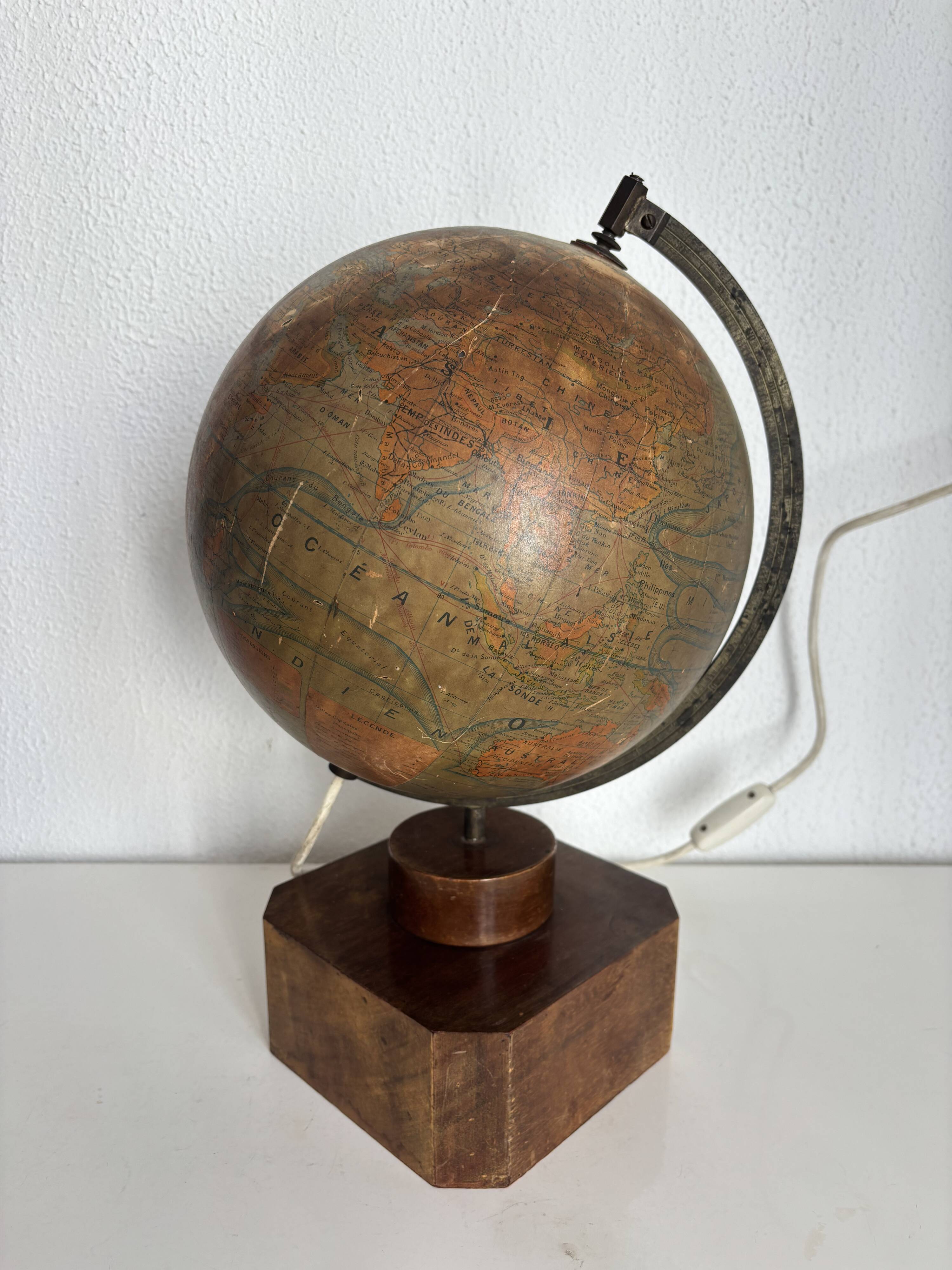 Vintage 1930 globe terrestrial Jacques Adnet world map J. Forest glass wood -