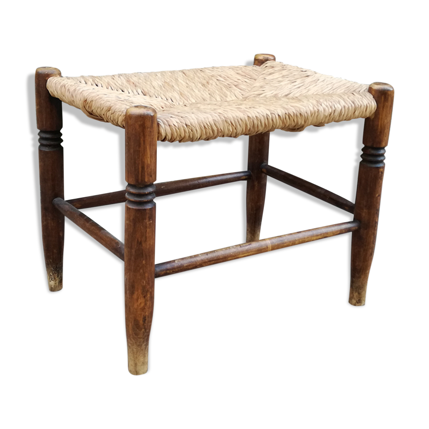 Tabouret vintage en bois et paille