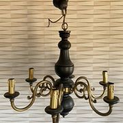 Wood and brass pendant light, black and gold, vintage, 60s.