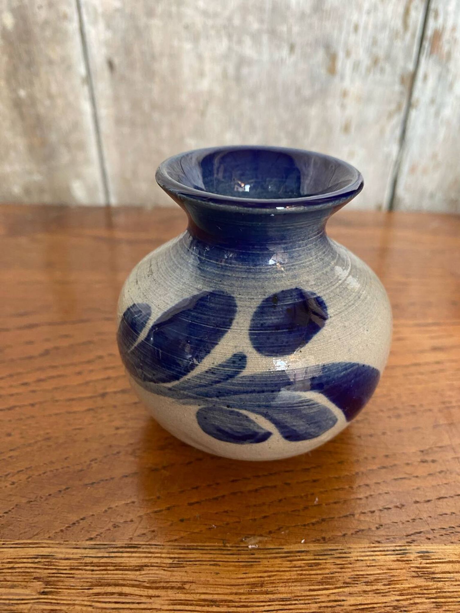 Antique alsace vase anne ehret grey blue stoneware vintage flower decor