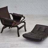 1970s, Scandinavian lounge chair in original condition, brown leather, dark bent wood.