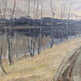 Vintage mid-century modern "river road" swedish expressionist landscape oil painting, framed