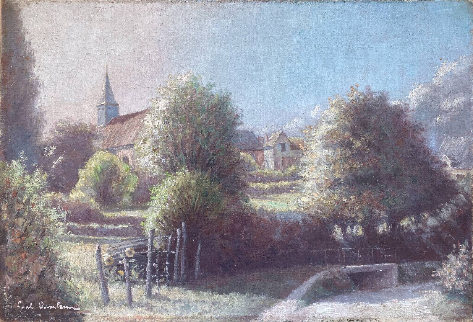 HST painting "Country part with bell tower" signed 19th century