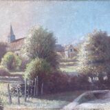 Tableau HST "Partie de campagne avec clocher" signé XIX° siècle