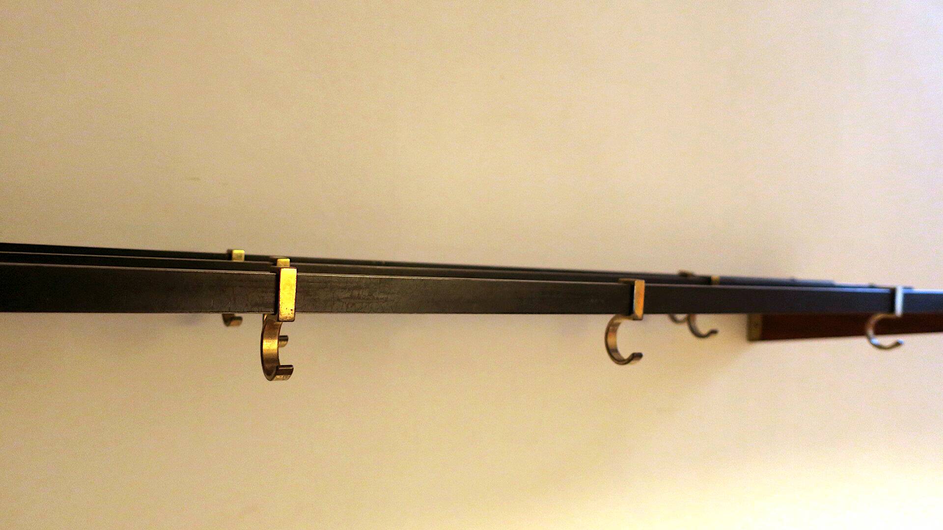 Teak and brass coat and hat rack with 7 sliding hooks, 1960s