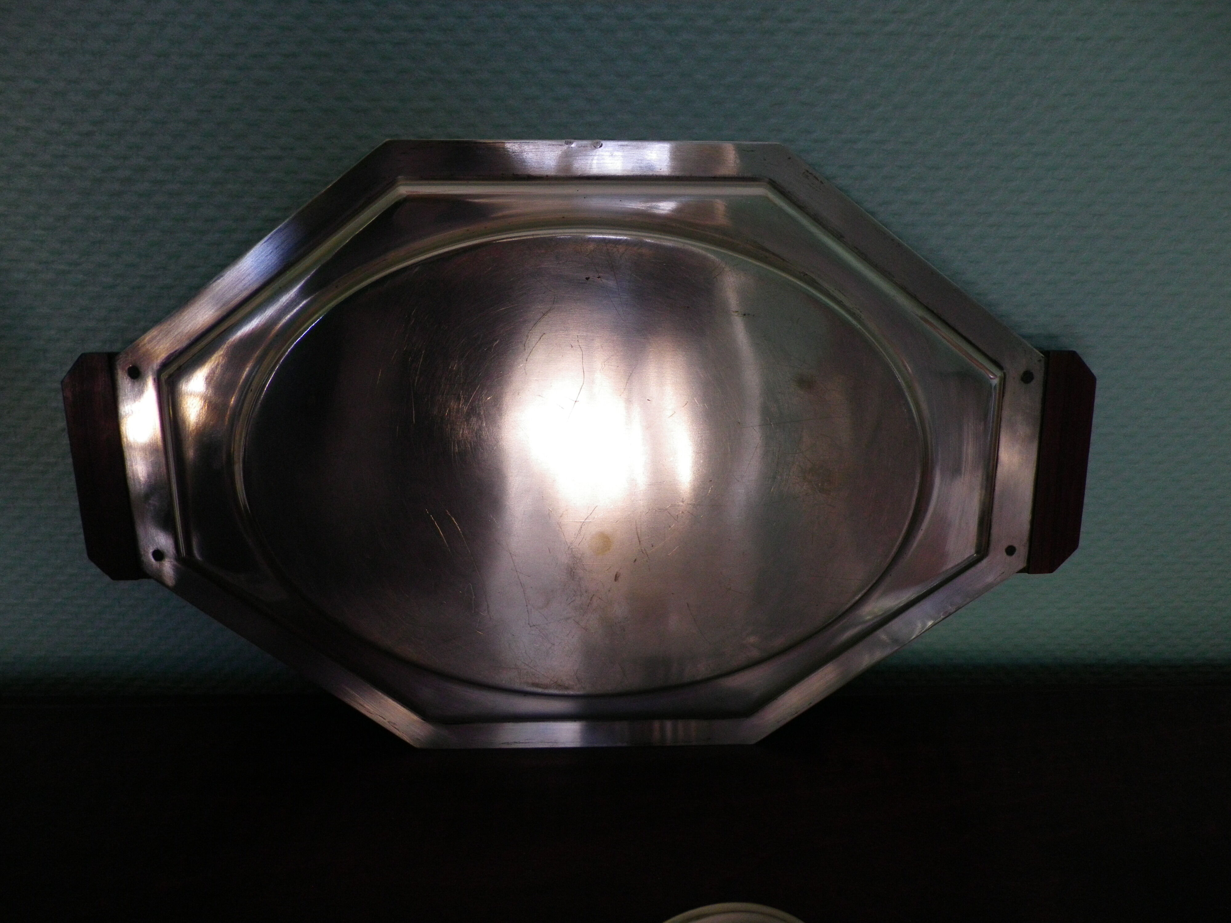 5-compartment thick glass servant - Silver metal with punch - Wooden handles - 1950/60