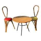 Coffee table & 2 vintage bamboo and rattan chairs 1950