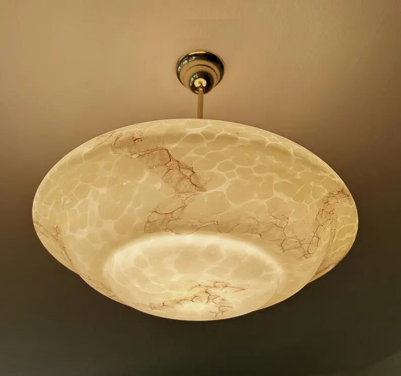 Art Deco Pendant Light, Marble Glass Amber Ivory, Alabaster Style, Vintage Chandelier