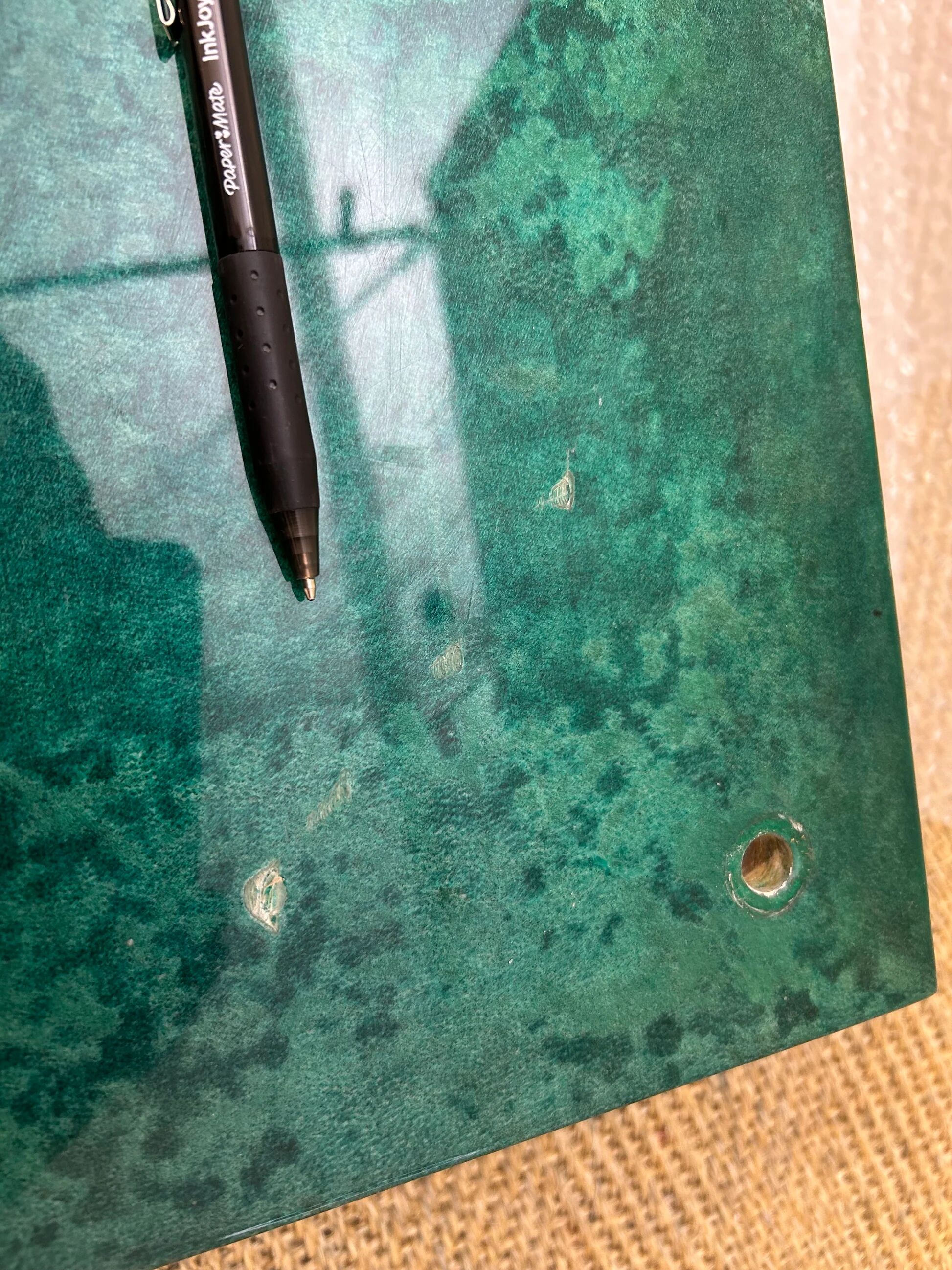 Aldo Tura side table in aqua green with brass legs and lower drawer.