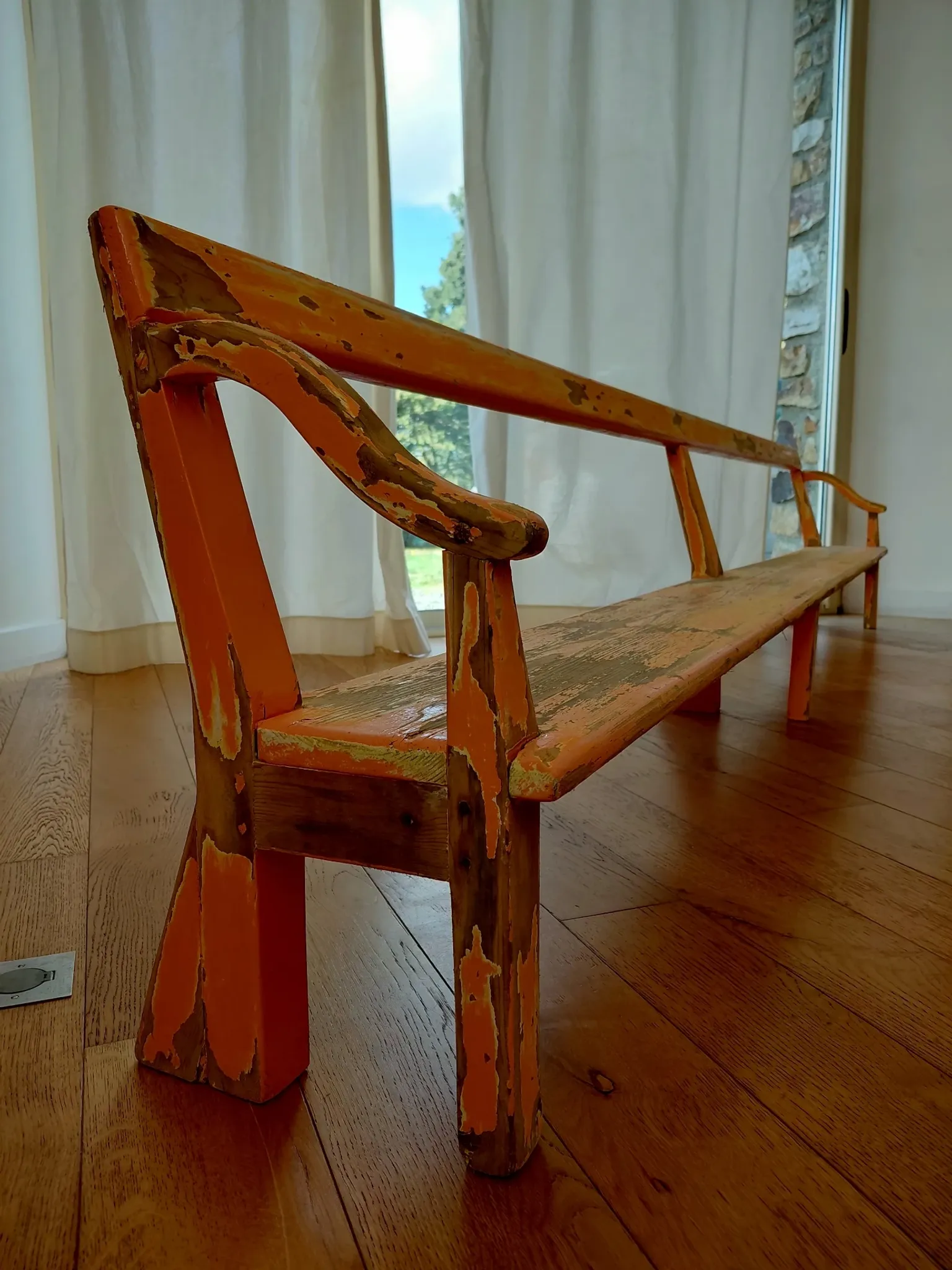 Large antique church bench 268 cm - Unique piece with flaking patina