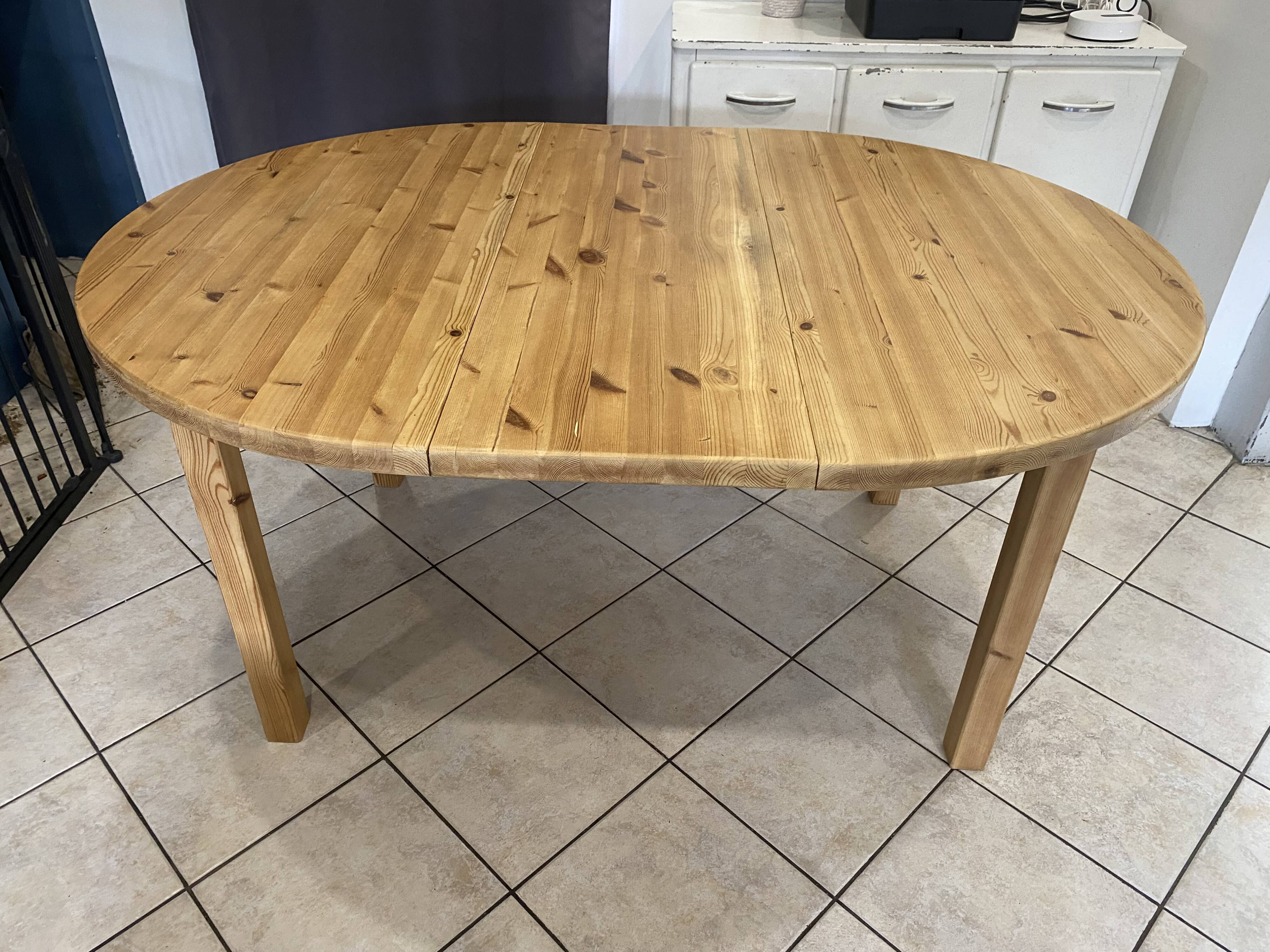Round table 117cm extendable with a solid pine extension, vintage from the 1970s.