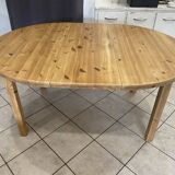 Round table 117cm extendable with a solid pine extension, vintage from the 1970s.