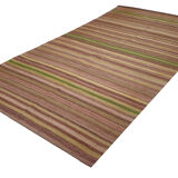 Vintage rug carpet 8.4x4.6 feet 255x142 cm area turkish kilim stripe green purple red rug myk-878