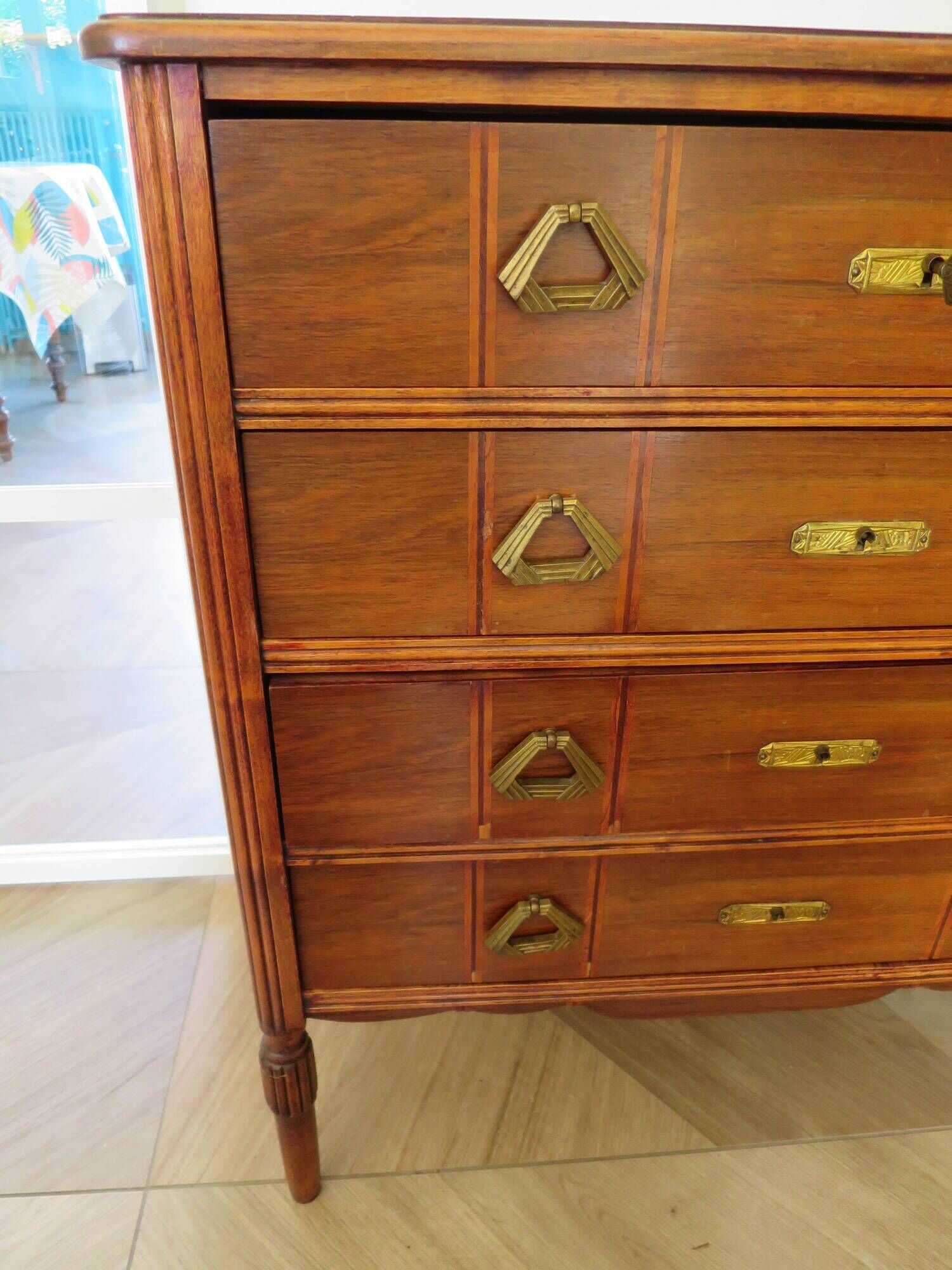 Art Deco chest of drawers - 4 drawers - locks - checkered wood veneer top - 50s