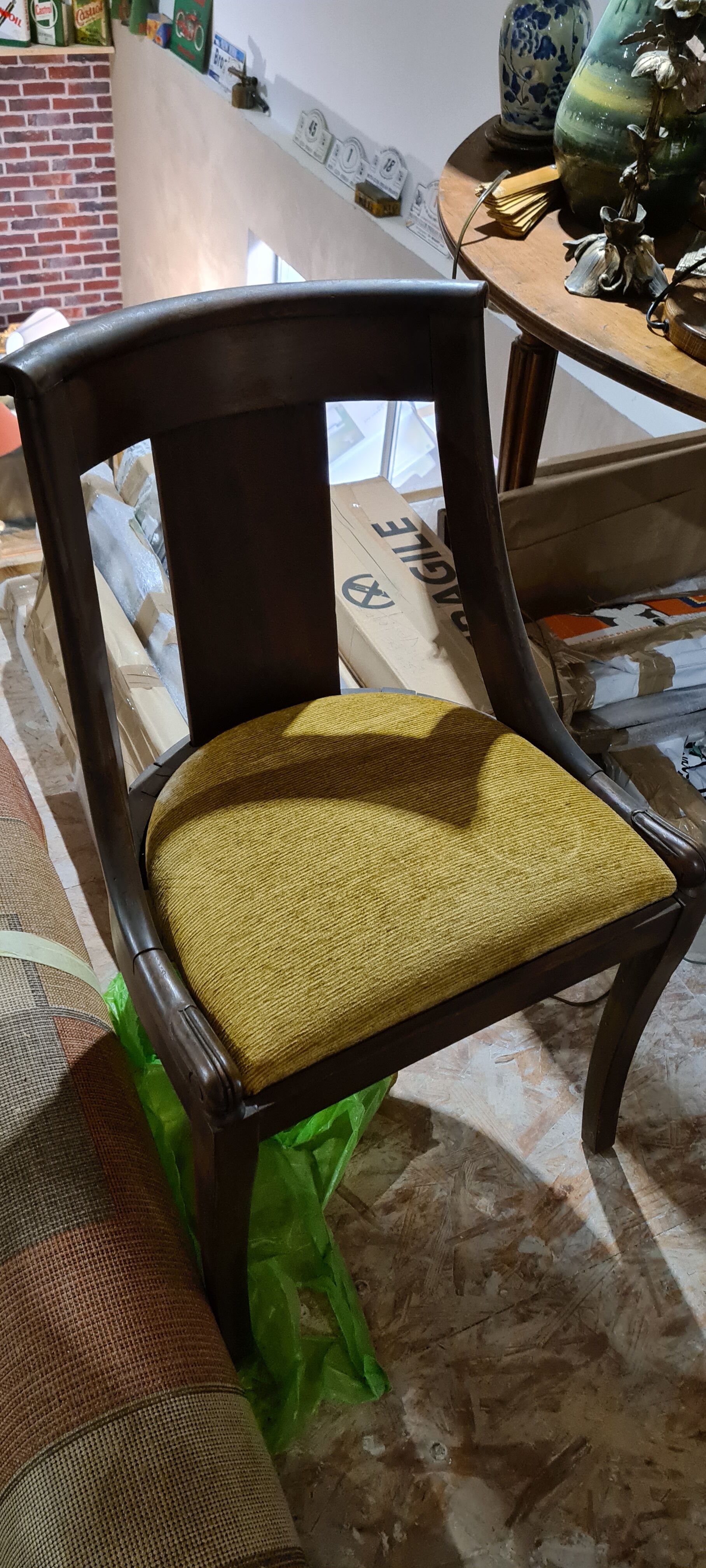 Old Empire-style gondola chair. Wooden chair - gold velvet. L48cm