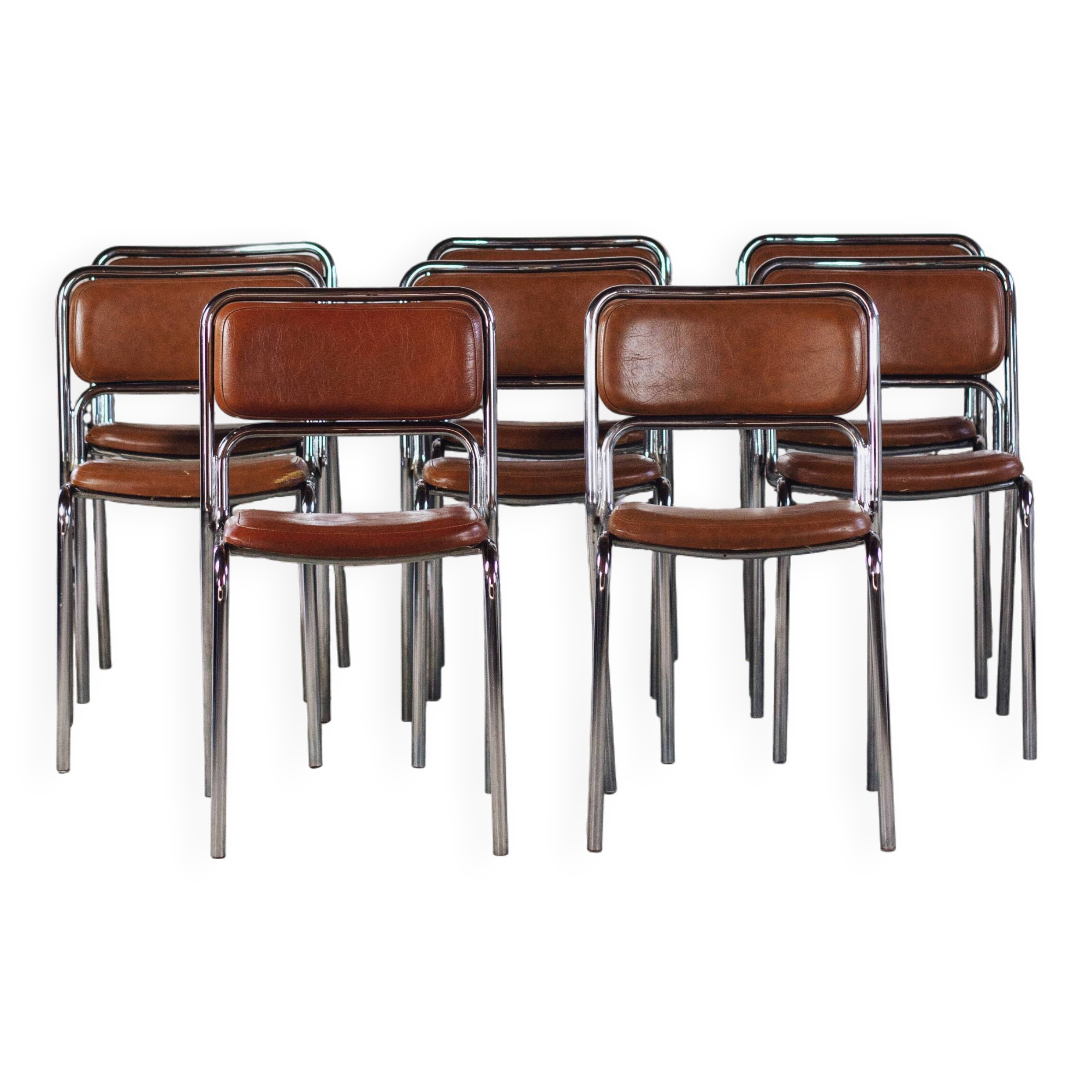 8 vintage tubular chrome and skai chairs, 1970