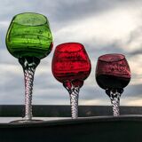 Set of 3 colored wine glasses - Ruby, red, green, gold and twisted foot