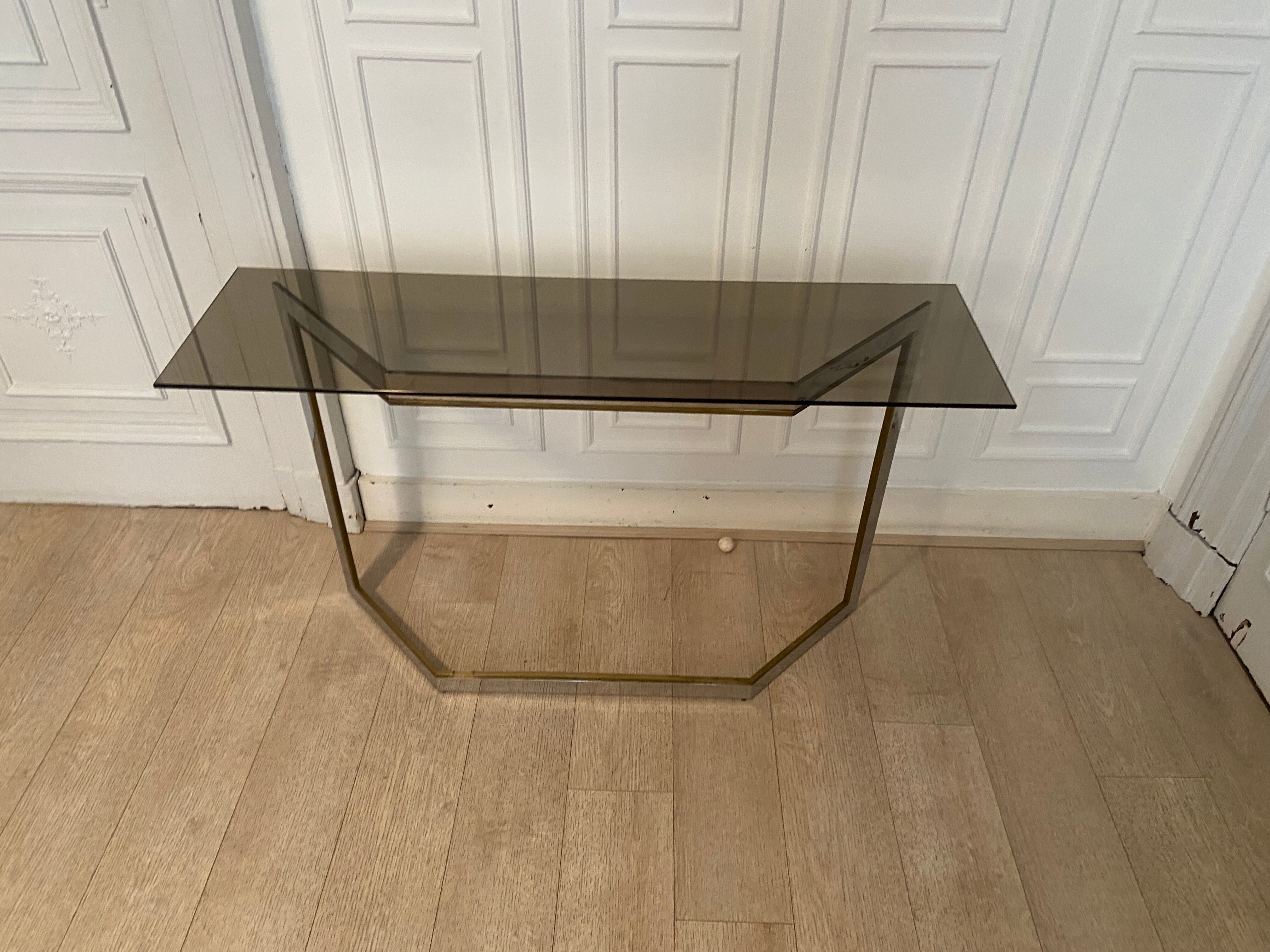 Pair of chrome metal consoles and smoked glass, Italy, 1970s