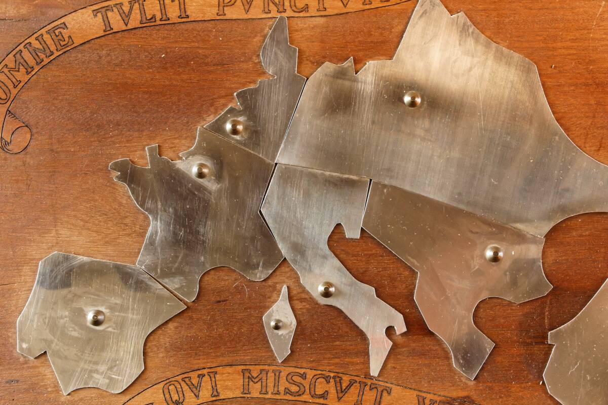 Wooden and stainless steel world map, folk art, 1974