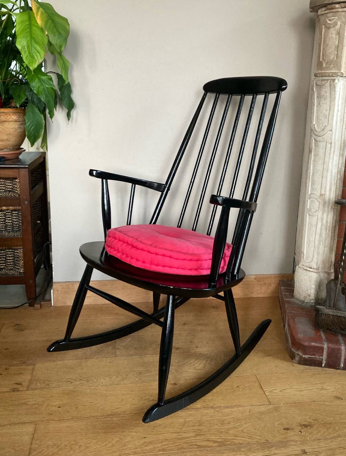Vintage Scandinavian rocking chair in blackened wood from the 1970s