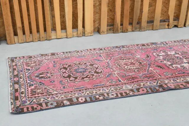 1970s Vintage Turkish Hand-Knotted Wool Cotton Pink Runner Rug 95x320