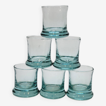 6 small liquor or shot glasses in blue blown bubble glass